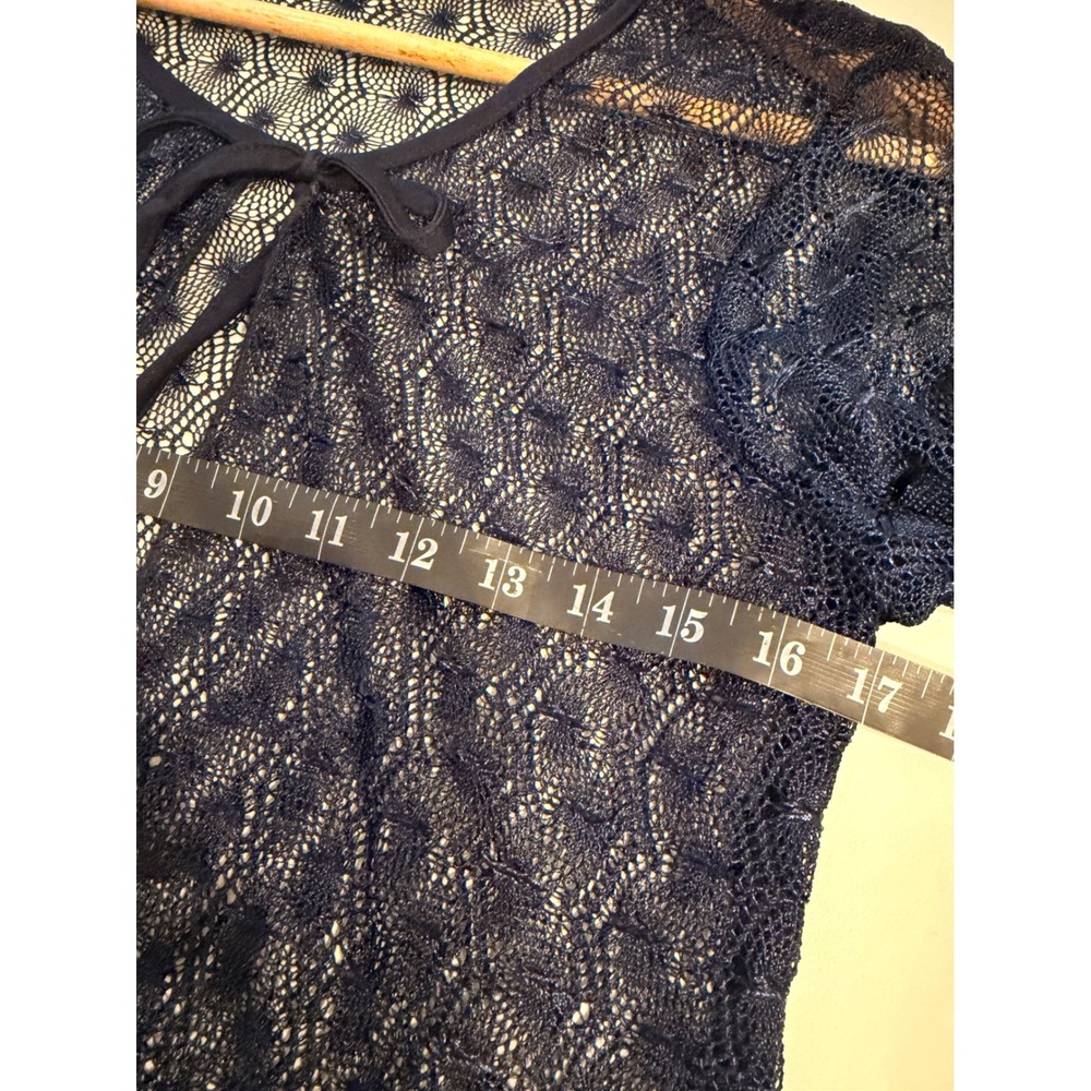 Y2K Navy Blue Lace Tie Front Cardigan Sheer Knit Shrug Top Womens Academia S‎ - Picture 8 of 10